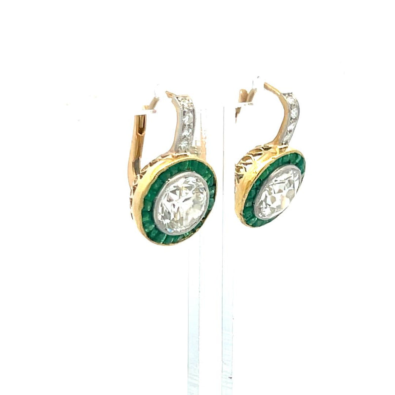 3.51 Carat Old European Cut Diamond 0.60 Carat Emerald 18K Gold-Plat Earrings