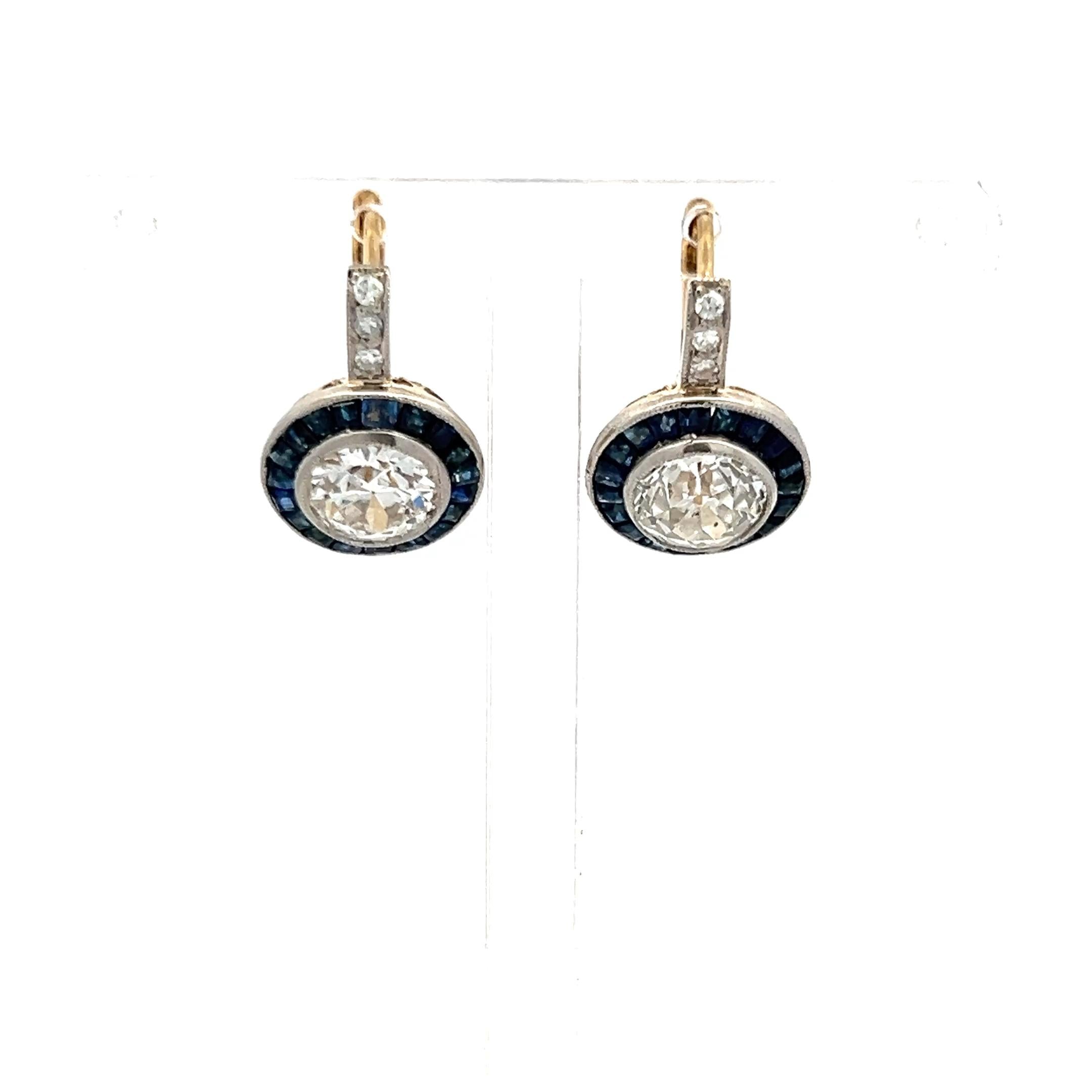 2.37ct Diamond & Sapphire Art Deco Two-Tone Gold Platinum Leverback Earrings