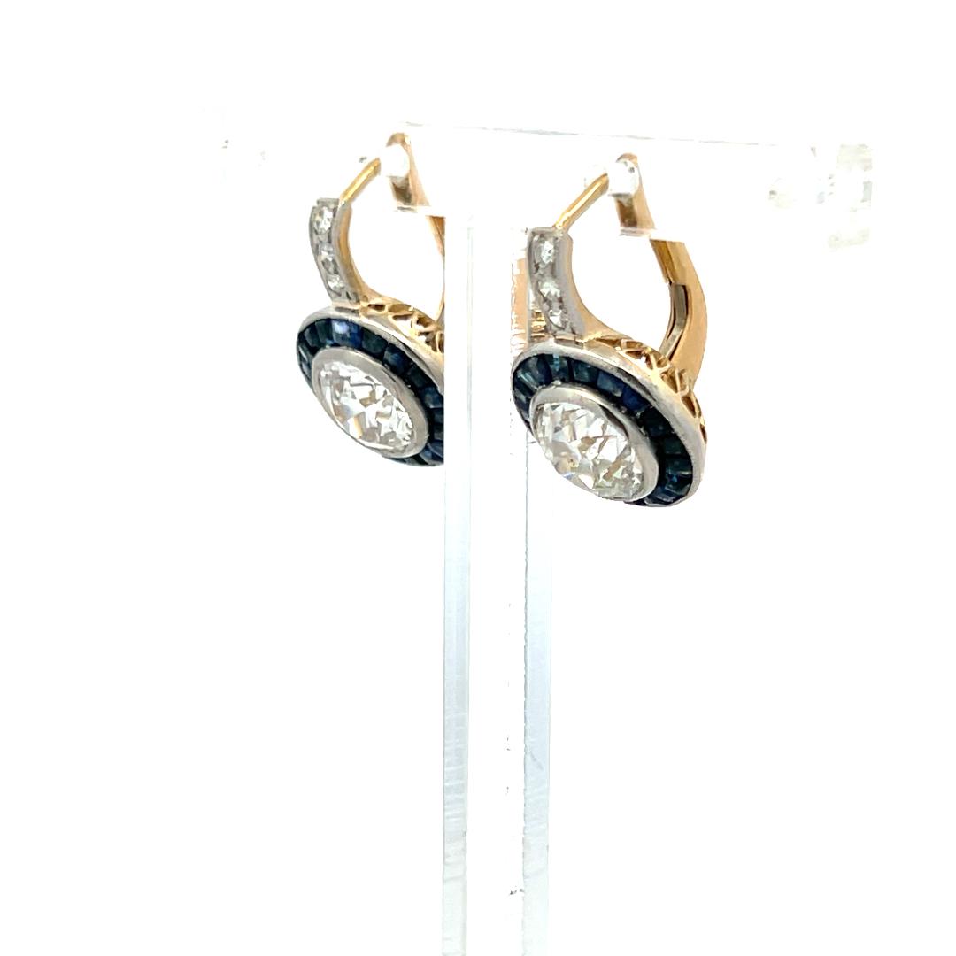 2.37ct Diamond & Sapphire Art Deco Two-Tone Gold Platinum Leverback Earrings