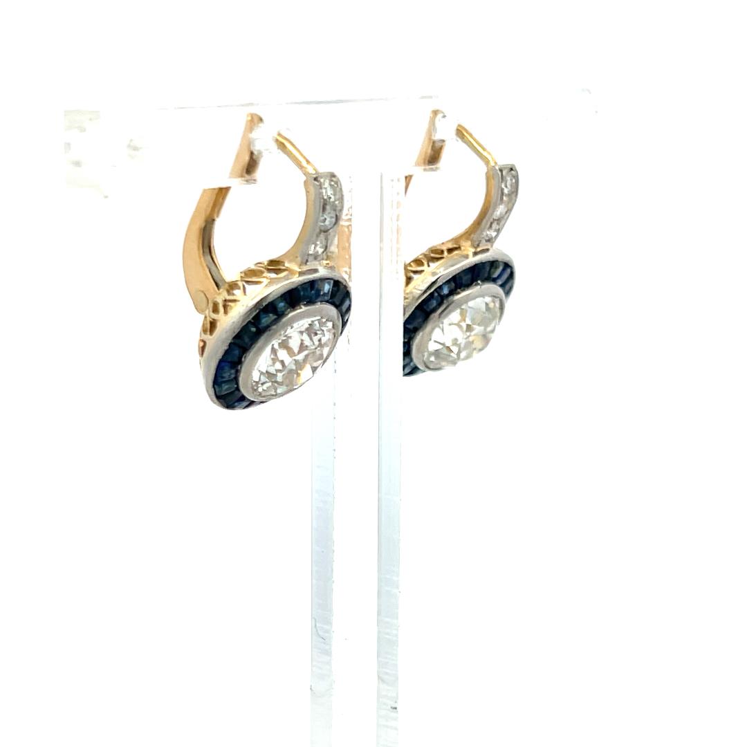 2.37ct Diamond & Sapphire Art Deco Two-Tone Gold Platinum Leverback Earrings