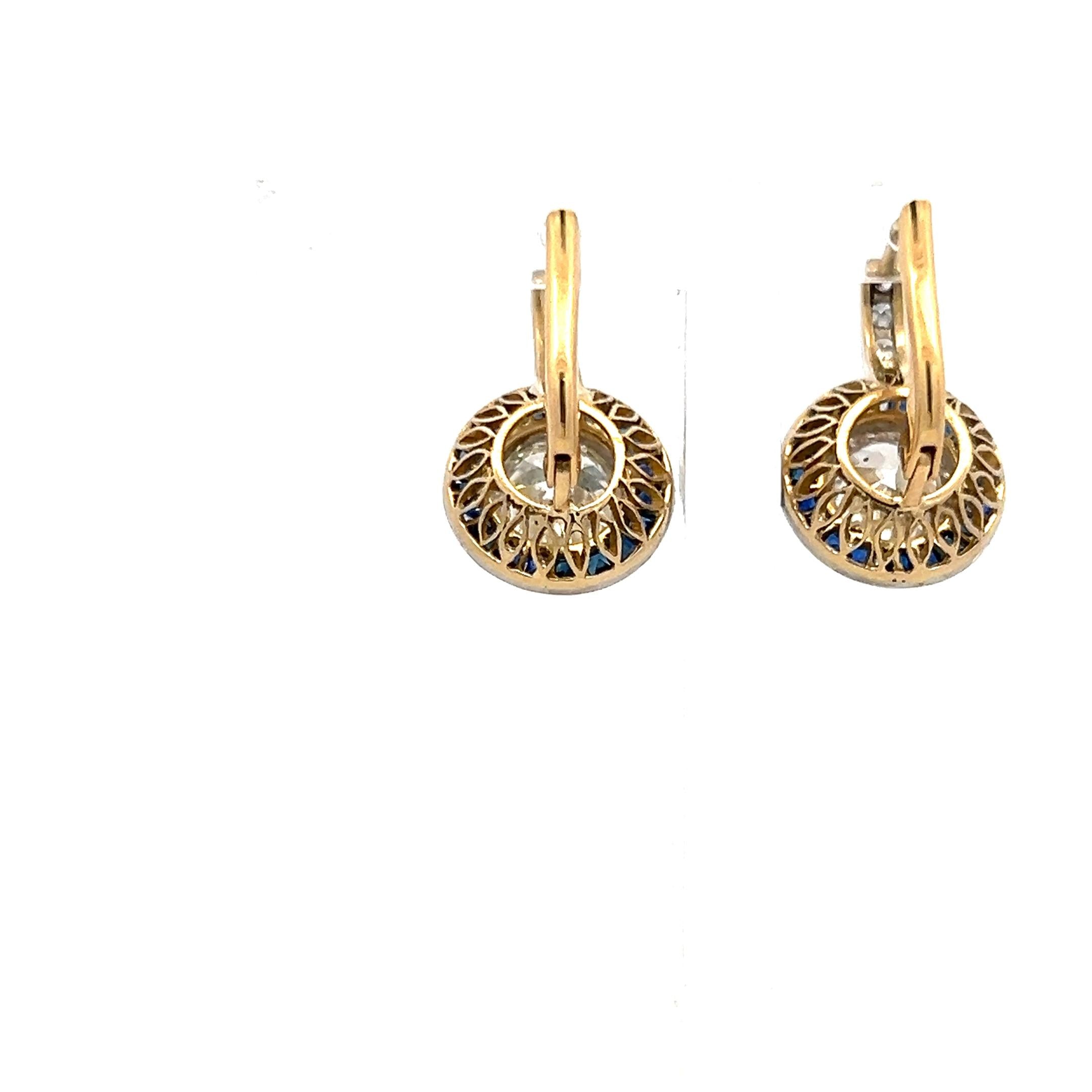 2.37ct Diamond & Sapphire Art Deco Two-Tone Gold Platinum Leverback Earrings