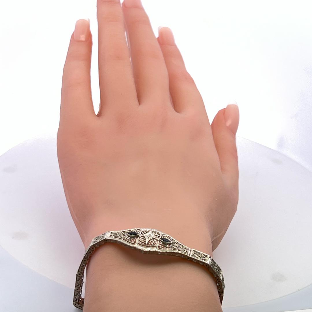0.15 Carat Sapphire 0.02 Carat Old European Diamond 14K WG Filigree Bracelet