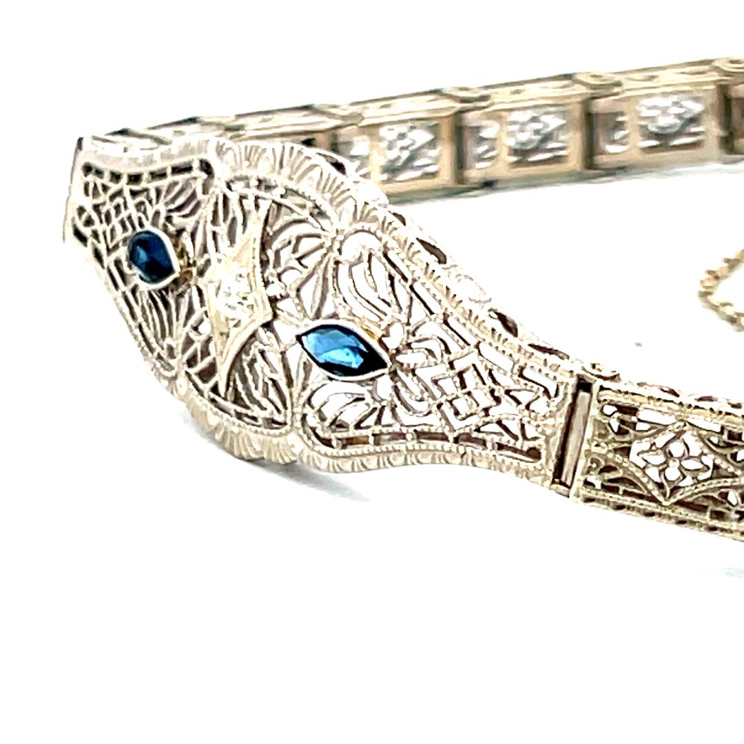 0.15 Carat Sapphire 0.02 Carat Old European Diamond 14K WG Filigree Bracelet