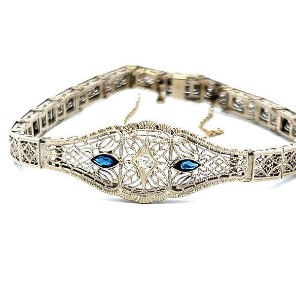0.15 Carat Sapphire 0.02 Carat Old European Diamond 14K WG Filigree Bracelet