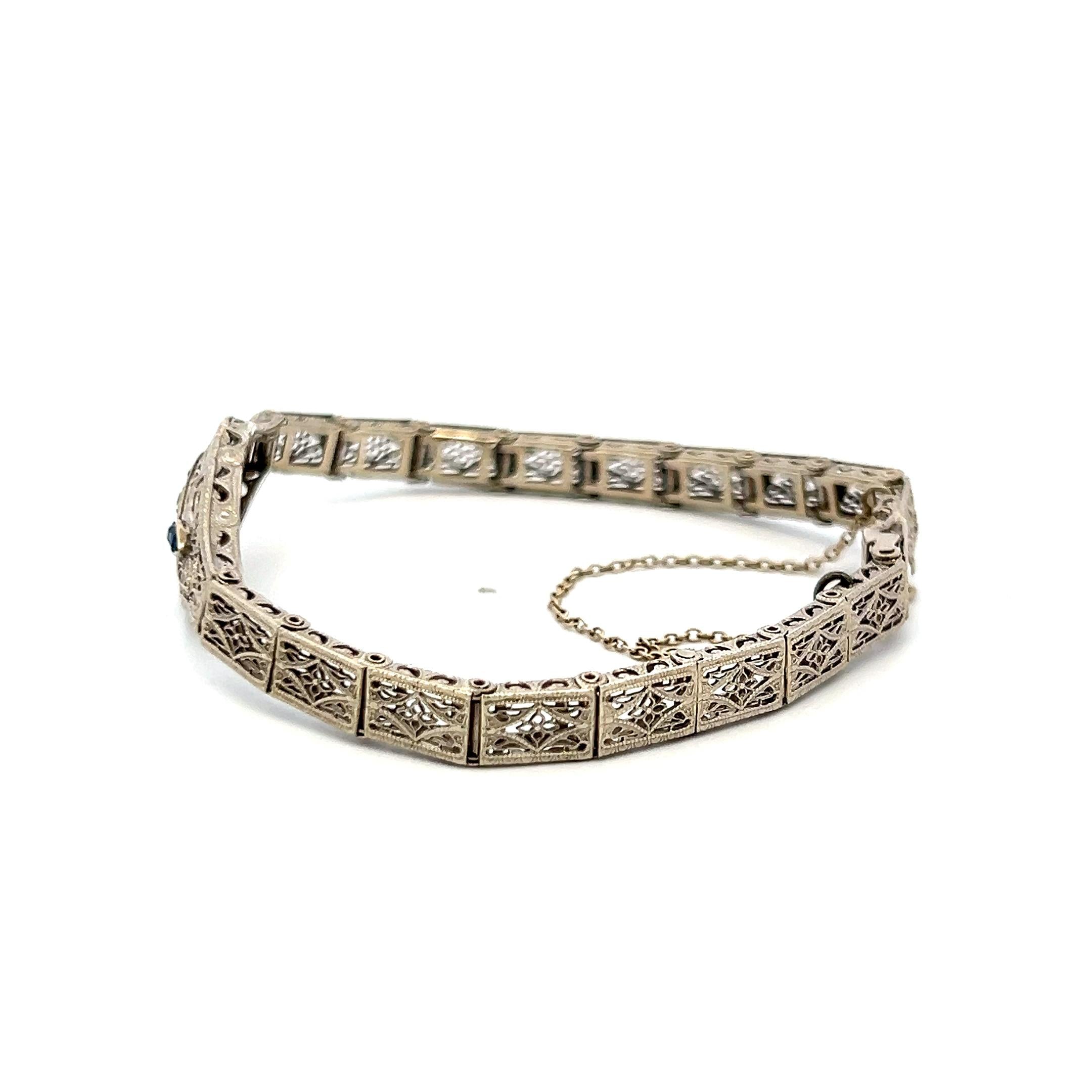 0.15 Carat Sapphire 0.02 Carat Old European Diamond 14K WG Filigree Bracelet