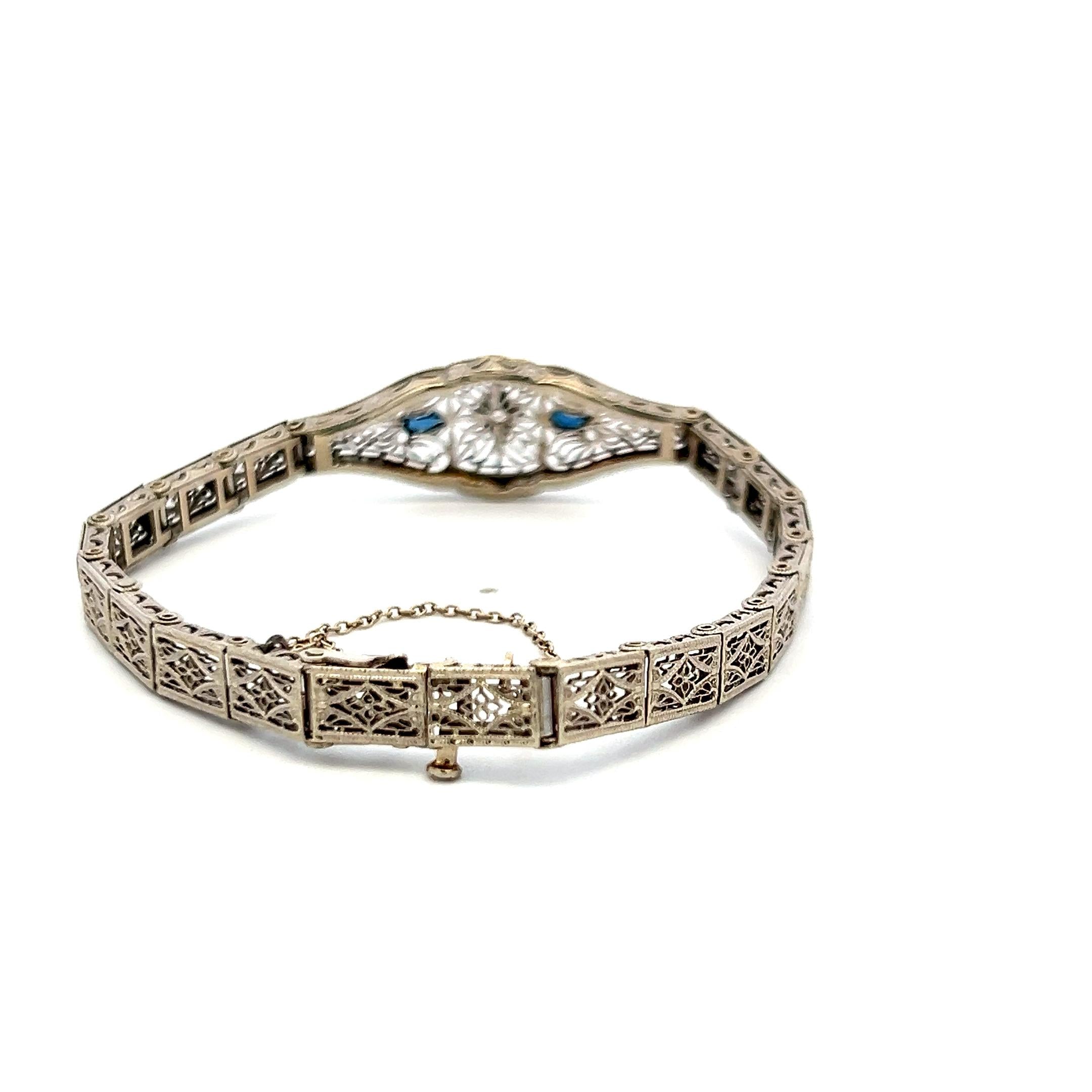 0.15 Carat Sapphire 0.02 Carat Old European Diamond 14K WG Filigree Bracelet