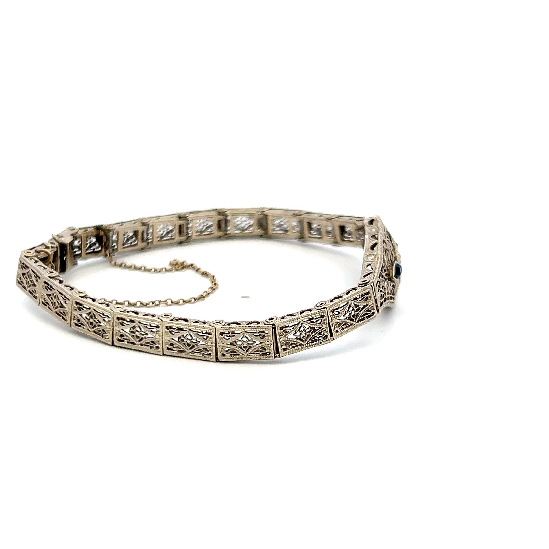 0.15 Carat Sapphire 0.02 Carat Old European Diamond 14K WG Filigree Bracelet