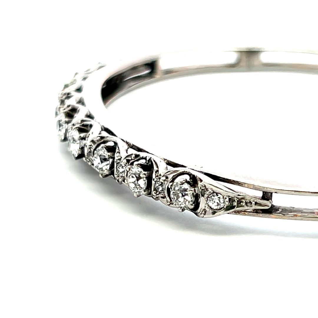 1.55 Carat Old European Cut H SI Diamond 14 Karat White Gold Bangle Bracelet