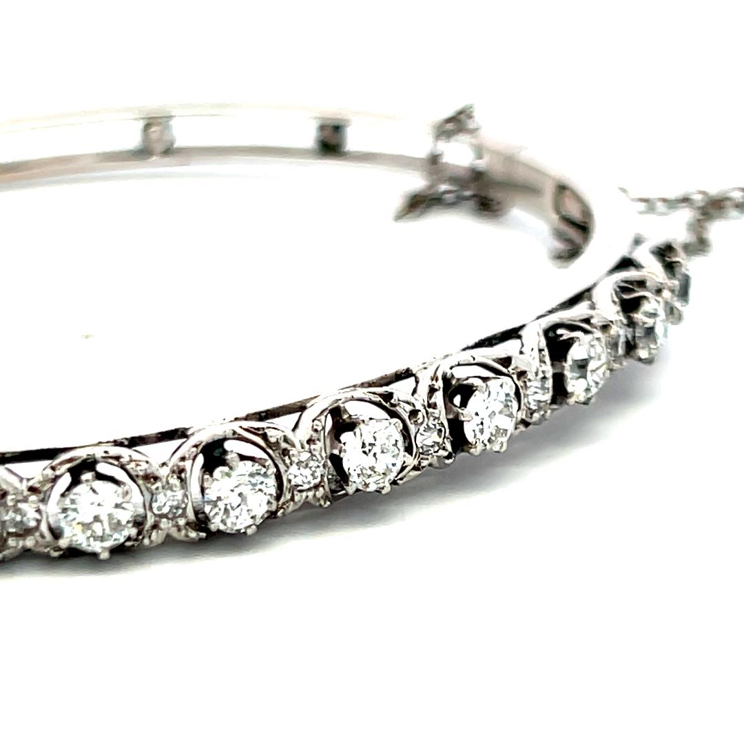1.55 Carat Old European Cut H SI Diamond 14 Karat White Gold Bangle Bracelet