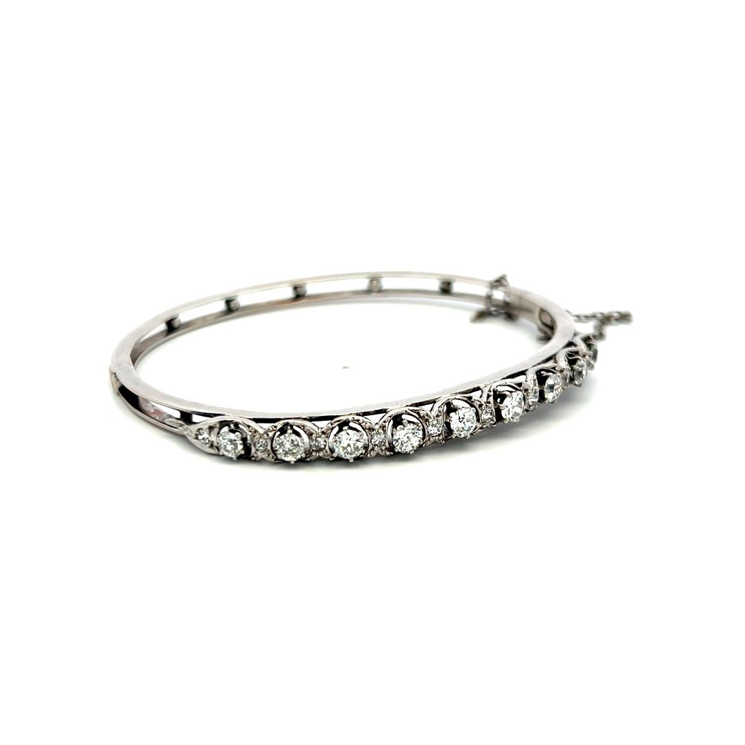 1.55 Carat Old European Cut H SI Diamond 14 Karat White Gold Bangle Bracelet