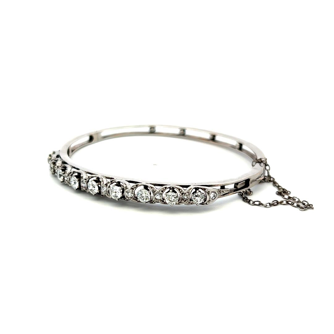1.55 Carat Old European Cut H SI Diamond 14 Karat White Gold Bangle Bracelet