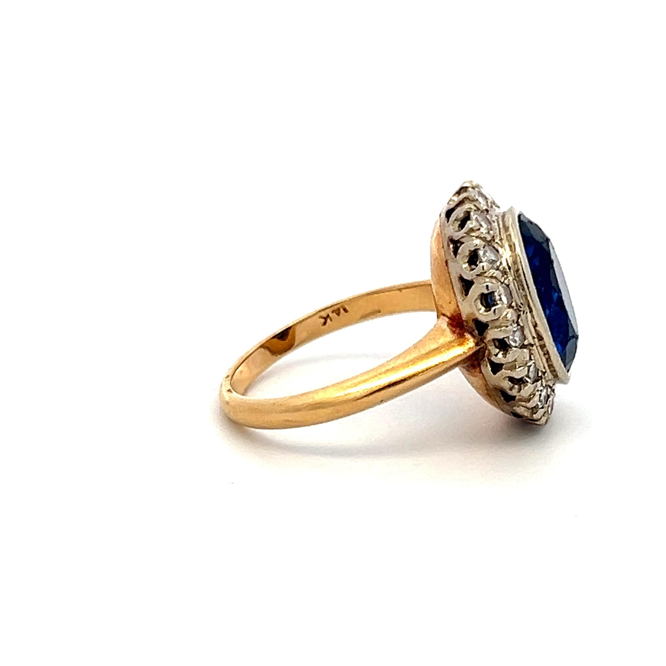 4.00 Carat Synthetic Sapphire 0.36 Carat Diamond 14K Yellow Gold Halo Ring