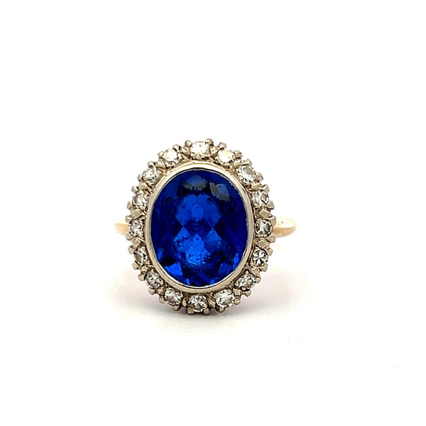 4.00 Carat Synthetic Sapphire 0.36 Carat Diamond 14K Yellow Gold Halo Ring