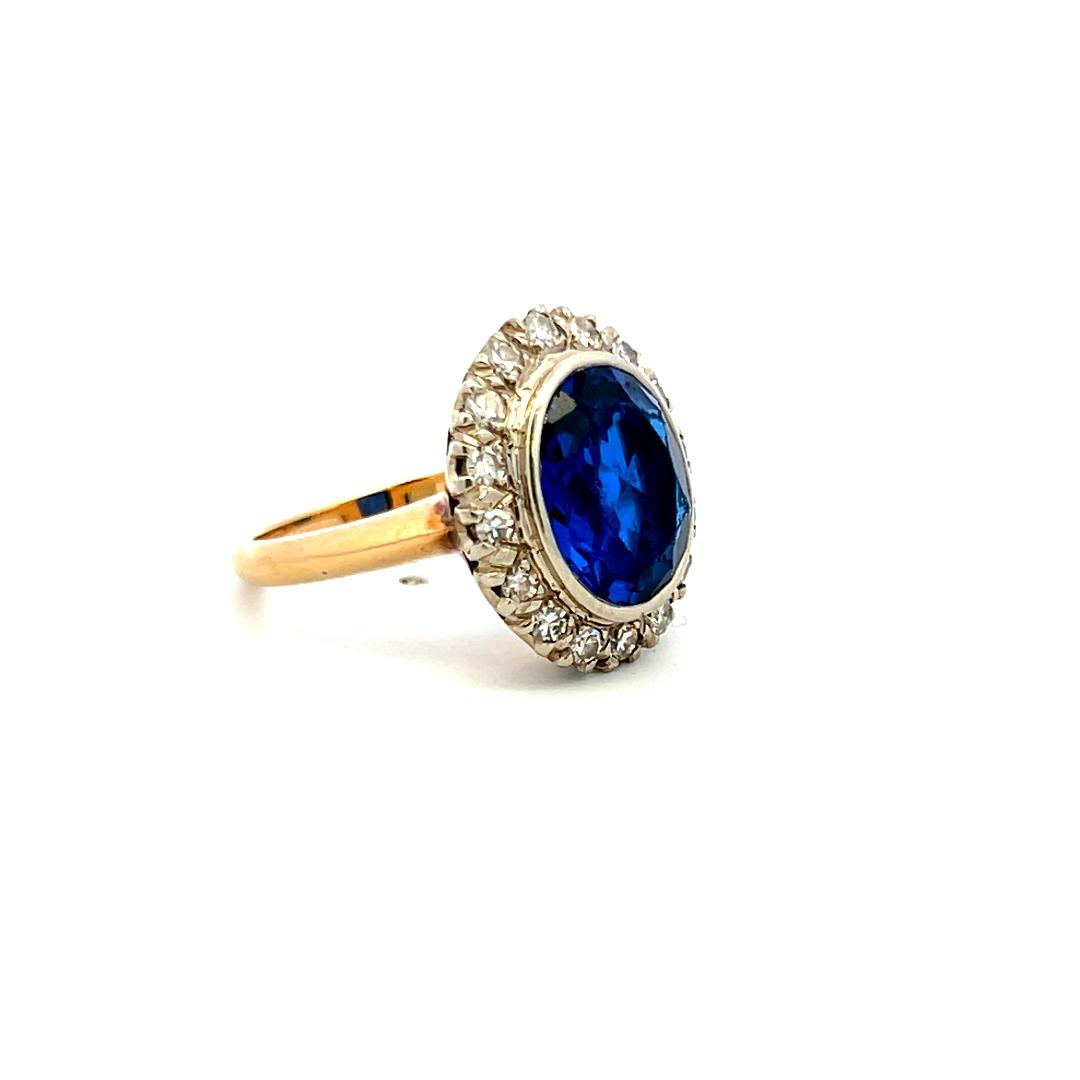 4.00 Carat Synthetic Sapphire 0.36 Carat Diamond 14K Yellow Gold Halo Ring