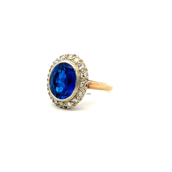 4.00 Carat Synthetic Sapphire 0.36 Carat Diamond 14K Yellow Gold Halo Ring