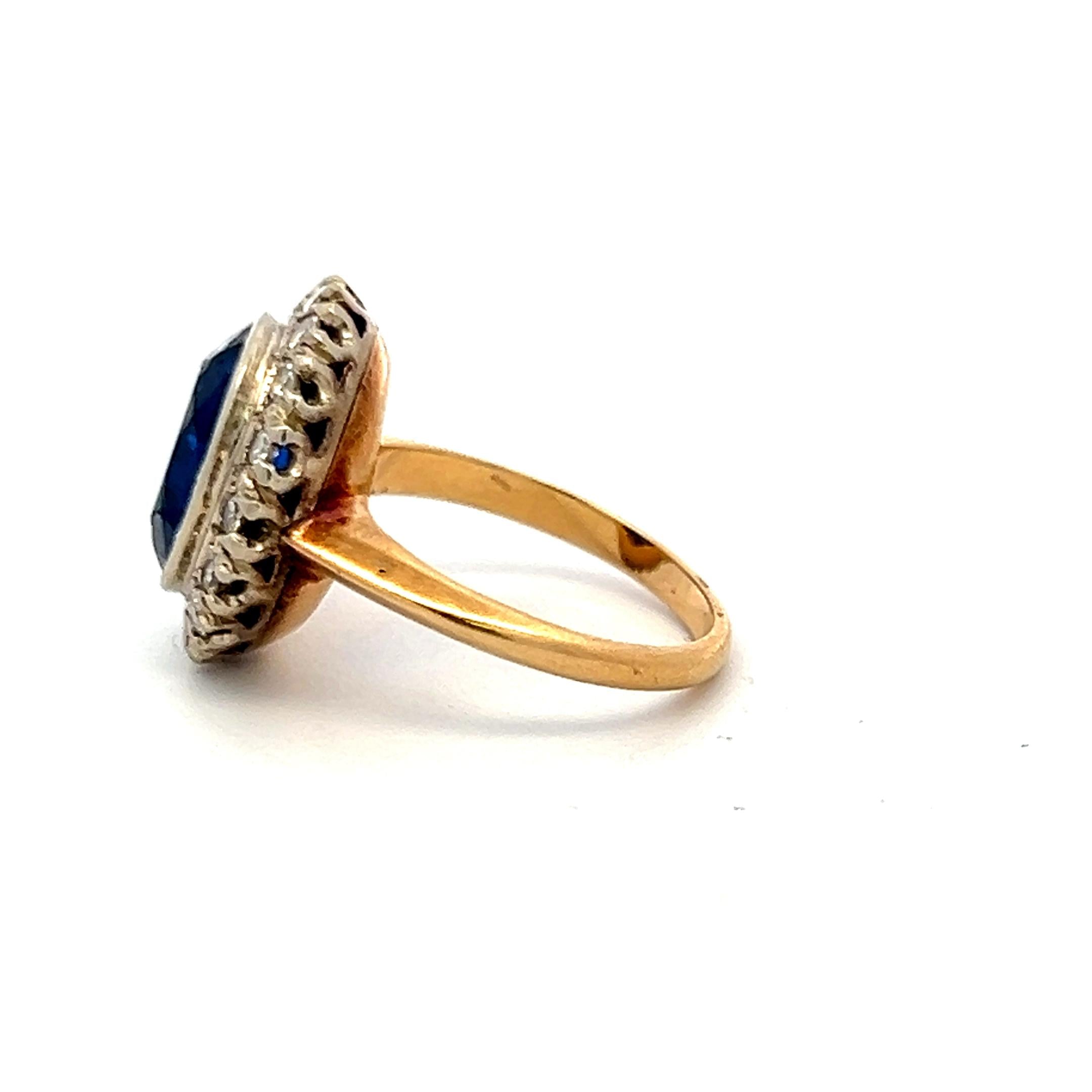 4.00 Carat Synthetic Sapphire 0.36 Carat Diamond 14K Yellow Gold Halo Ring