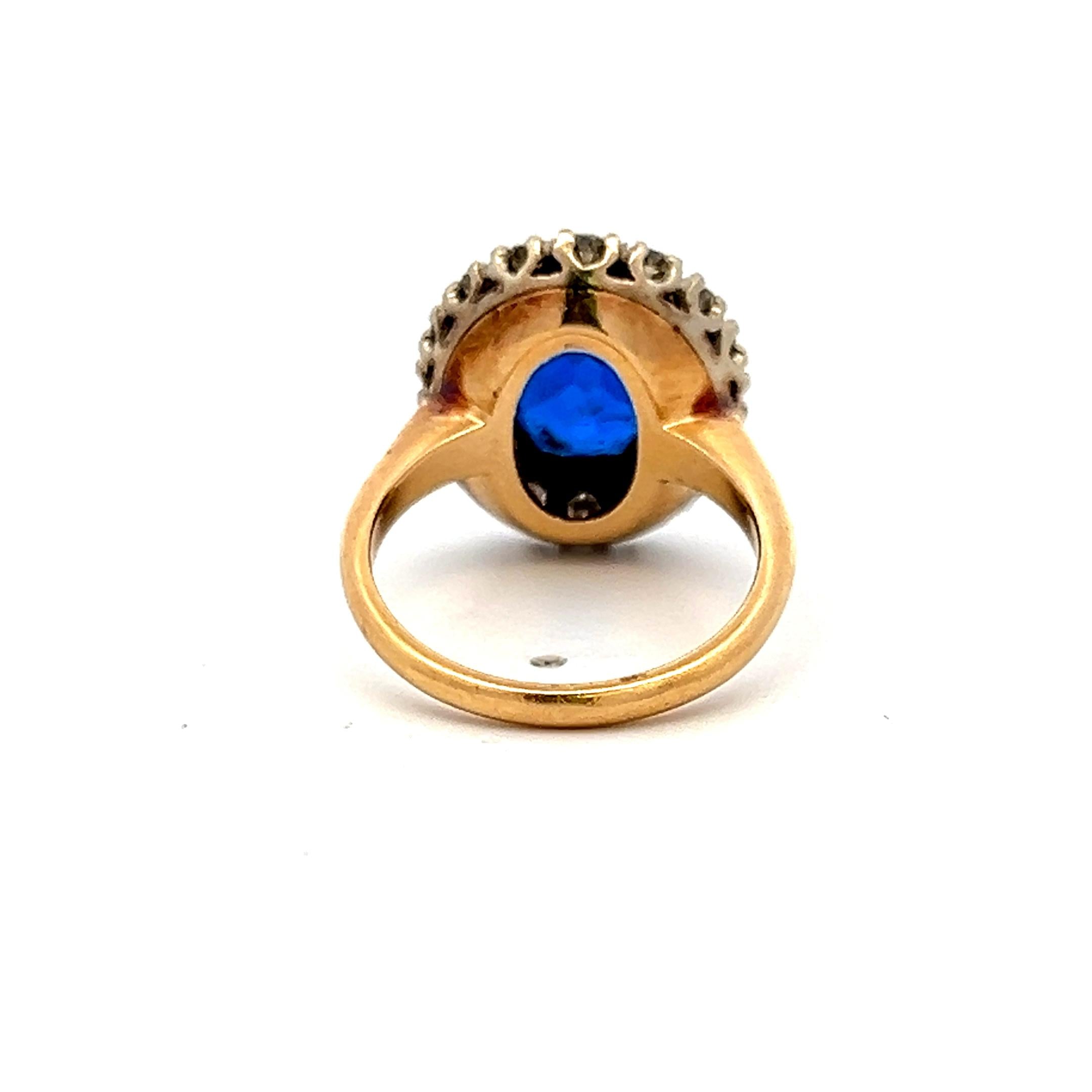 4.00 Carat Synthetic Sapphire 0.36 Carat Diamond 14K Yellow Gold Halo Ring