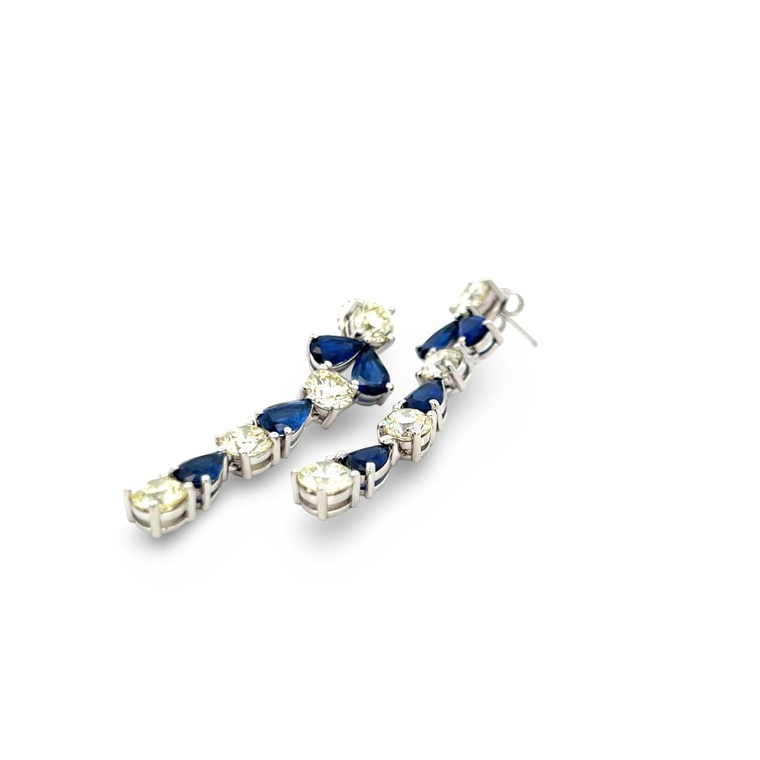 18K White Gold Drop Earrings with 5ct Round K VS1 Diamonds & 4ct Sapphire