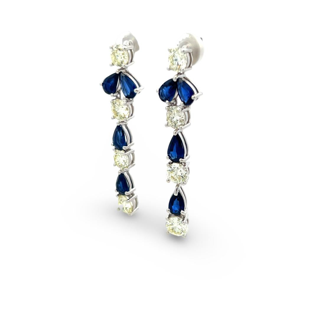 18K White Gold Drop Earrings with 5ct Round K VS1 Diamonds & 4ct Sapphire
