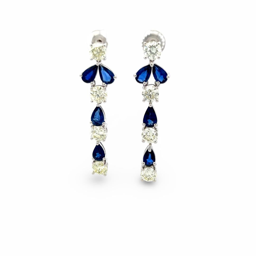 18K White Gold Drop Earrings with 5ct Round K VS1 Diamonds & 4ct Sapphire