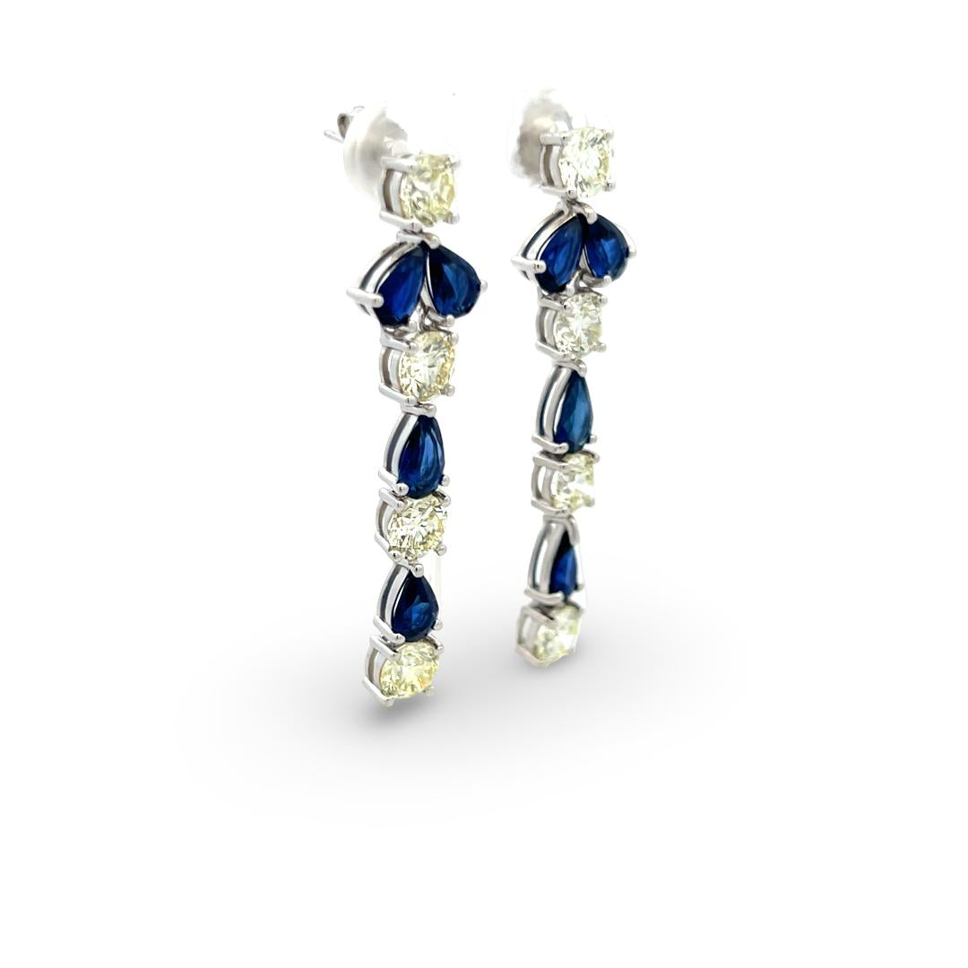 18K White Gold Drop Earrings with 5ct Round K VS1 Diamonds & 4ct Sapphire