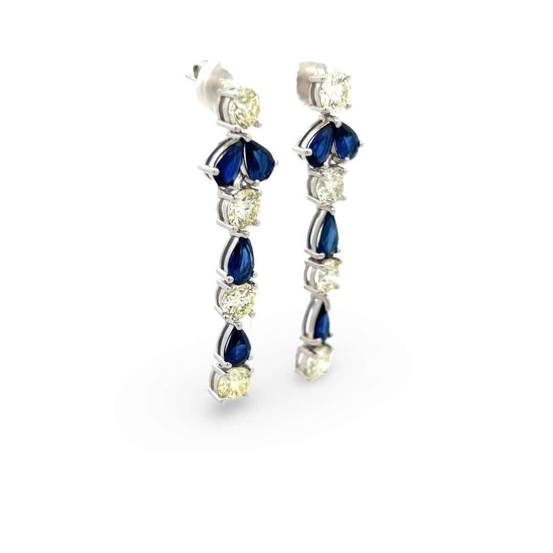 18K White Gold Drop Earrings with 5ct Round K VS1 Diamonds & 4ct Sapphire