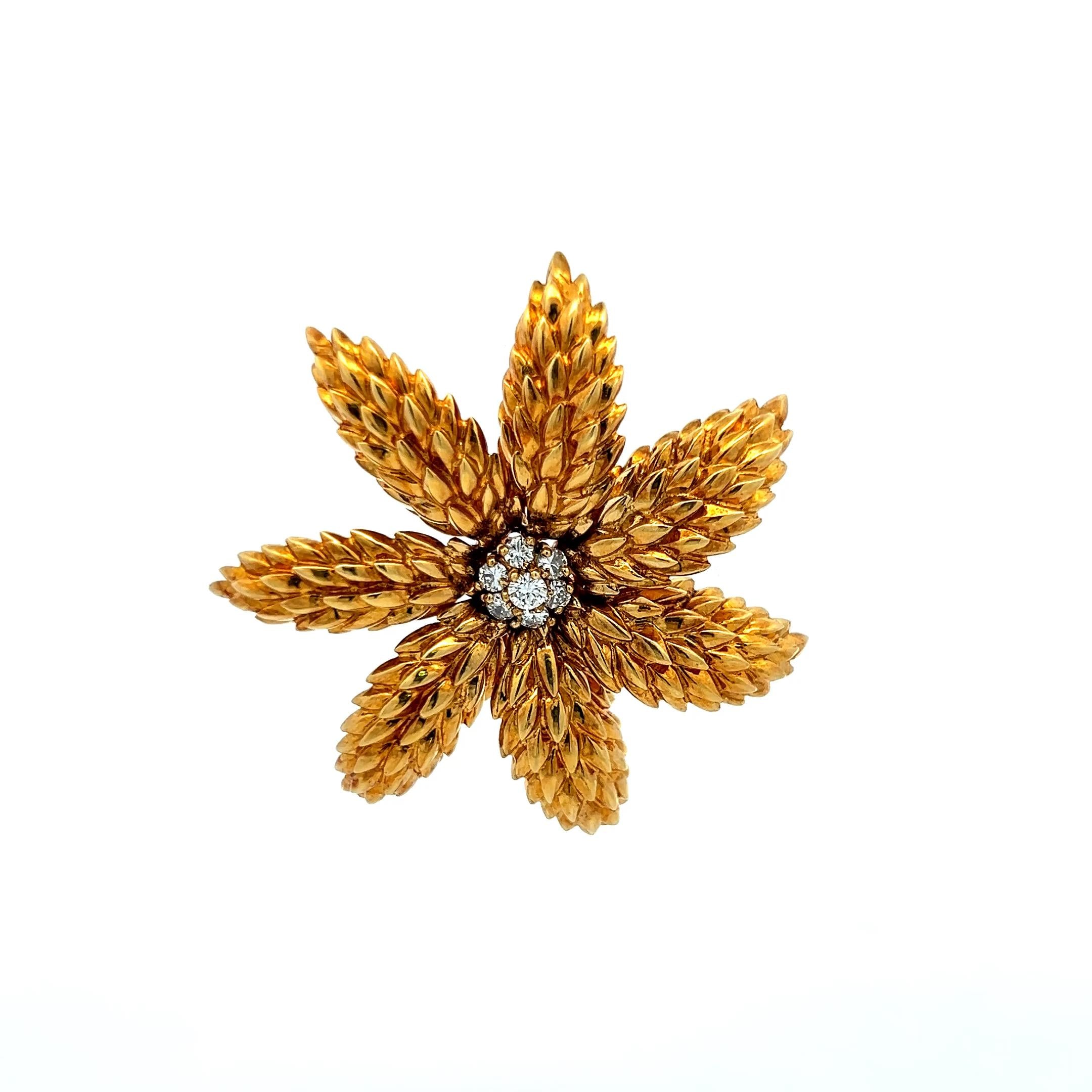 Tiffany & Co 0.70ct F-VS Diamond 18K Yellow Gold Floral Textured Pin Brooch