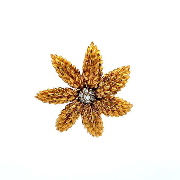 Tiffany & Co 0.70ct F-VS Diamond 18K Yellow Gold Floral Textured Pin Brooch