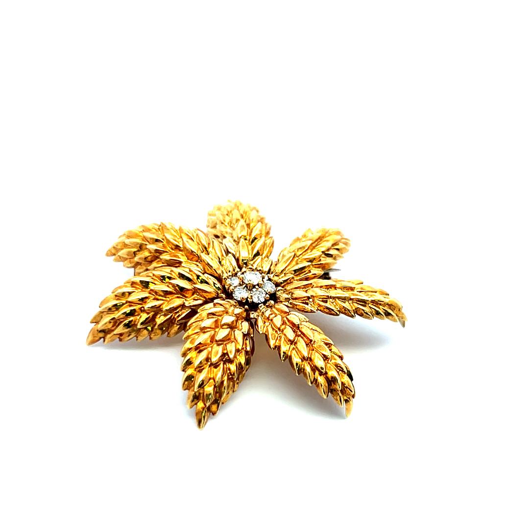Tiffany & Co 0.70ct F-VS Diamond 18K Yellow Gold Floral Textured Pin Brooch
