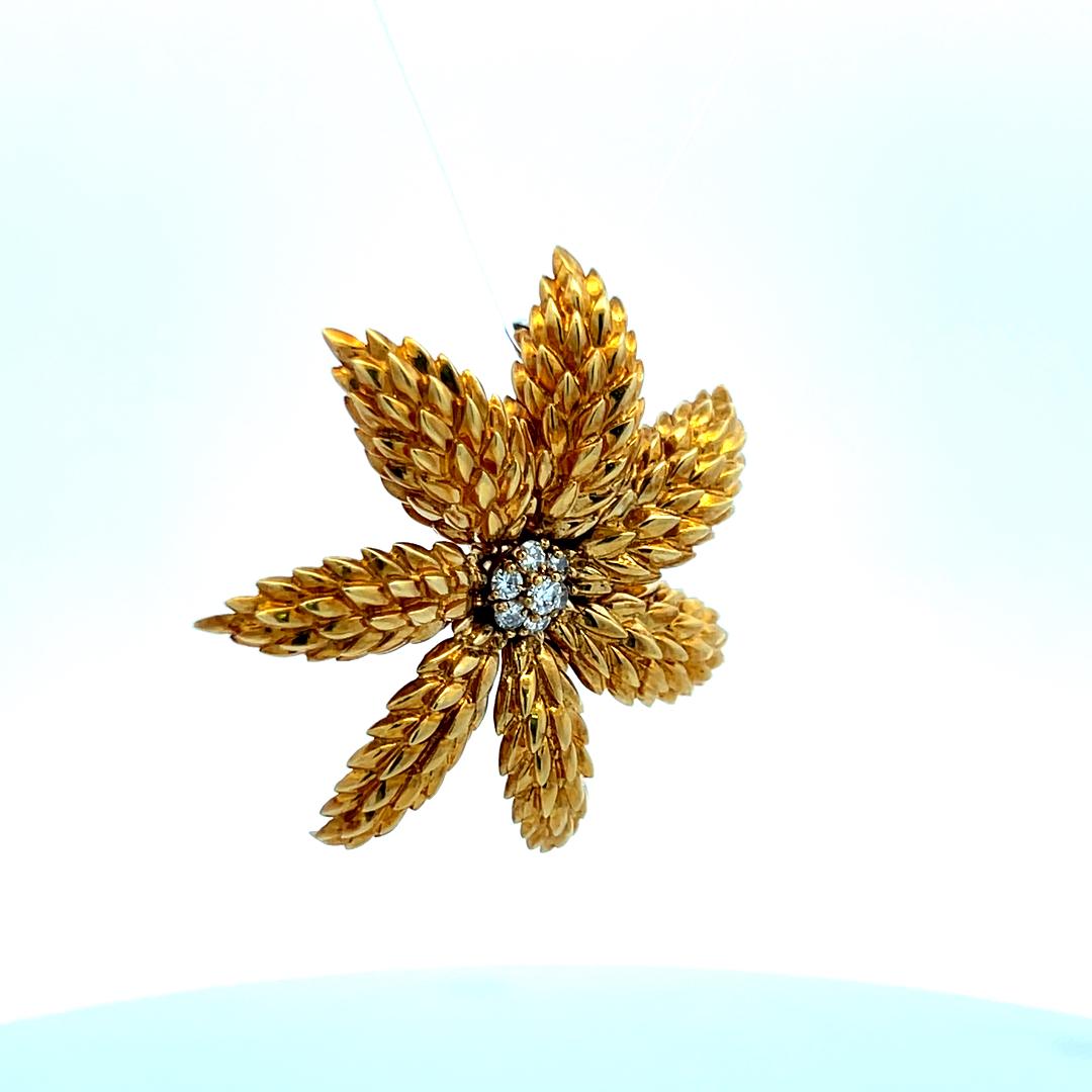 Tiffany & Co 0.70ct F-VS Diamond 18K Yellow Gold Floral Textured Pin Brooch