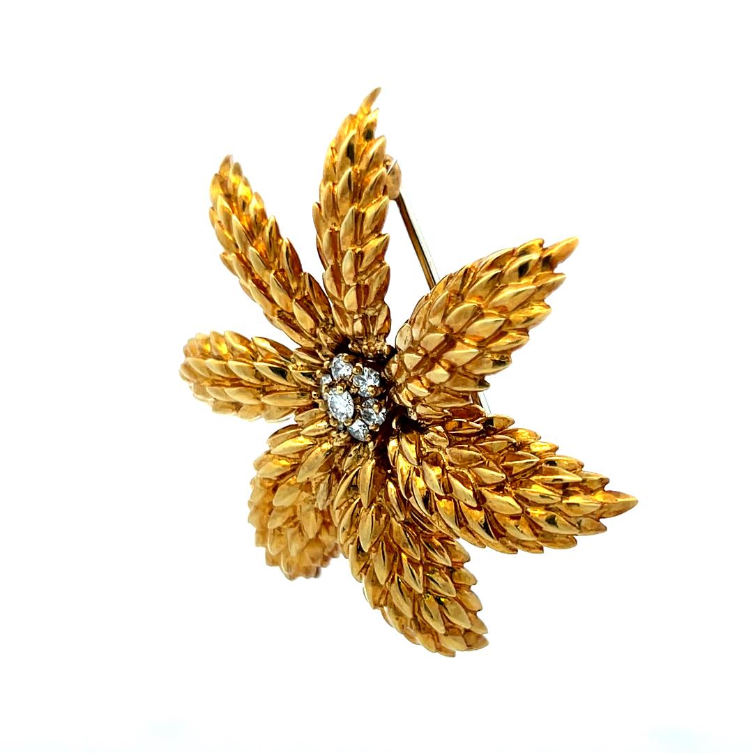 Tiffany & Co 0.70ct F-VS Diamond 18K Yellow Gold Floral Textured Pin Brooch