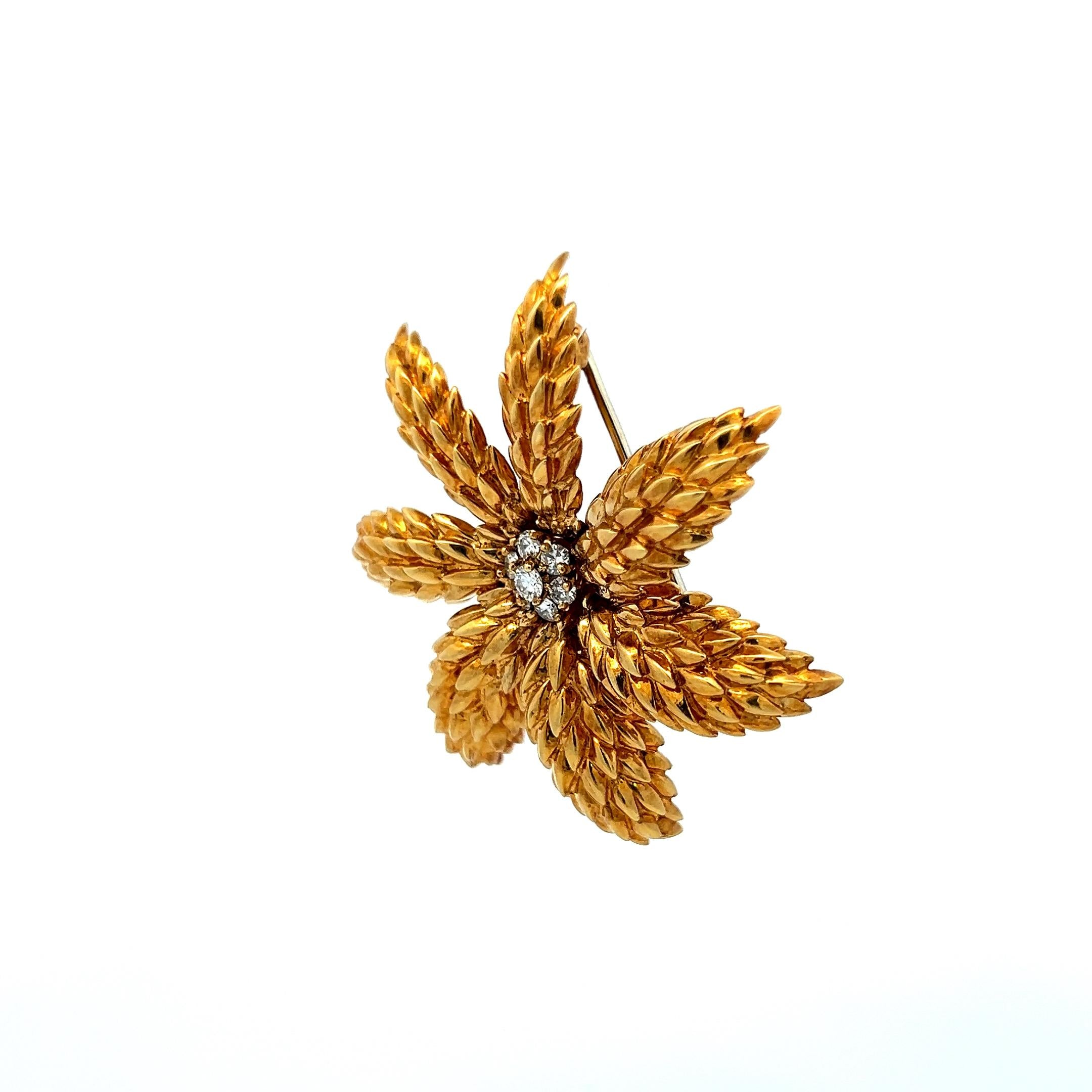Tiffany & Co 0.70ct F-VS Diamond 18K Yellow Gold Floral Textured Pin Brooch