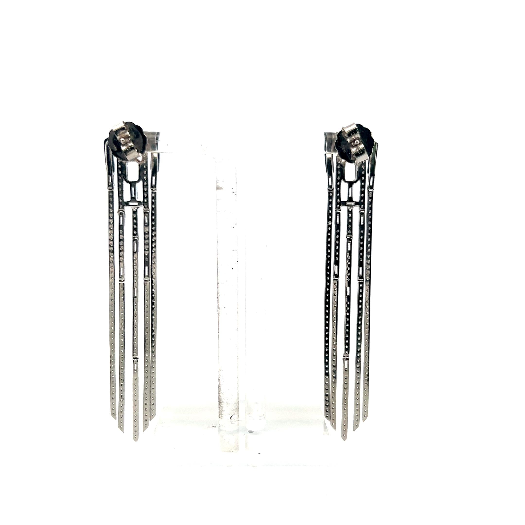 4.50 Carat Round and Baguette Diamond 18 Karat White Gold Dangling Earrings