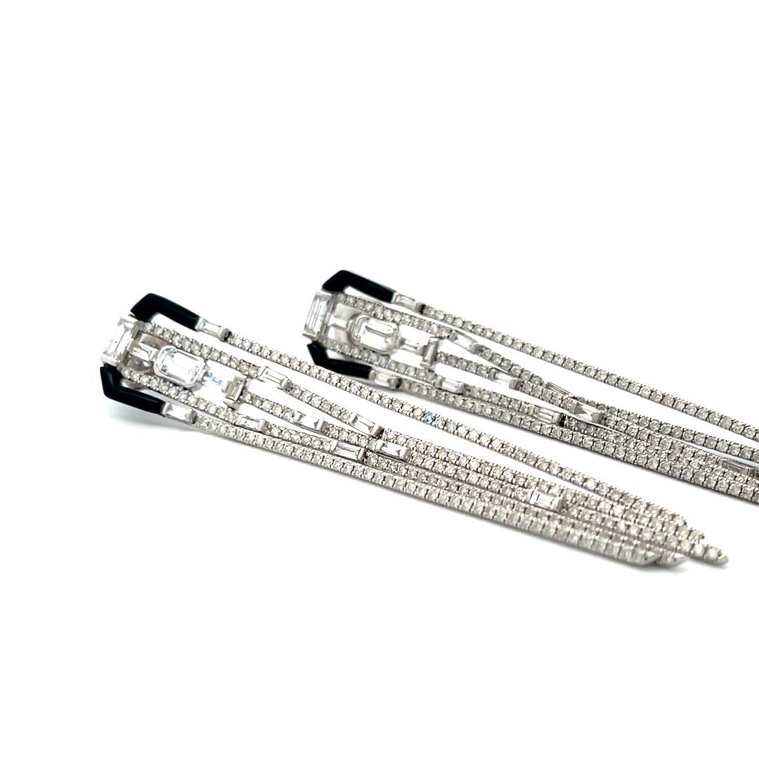 4.50 Carat Round and Baguette Diamond 18 Karat White Gold Dangling Earrings