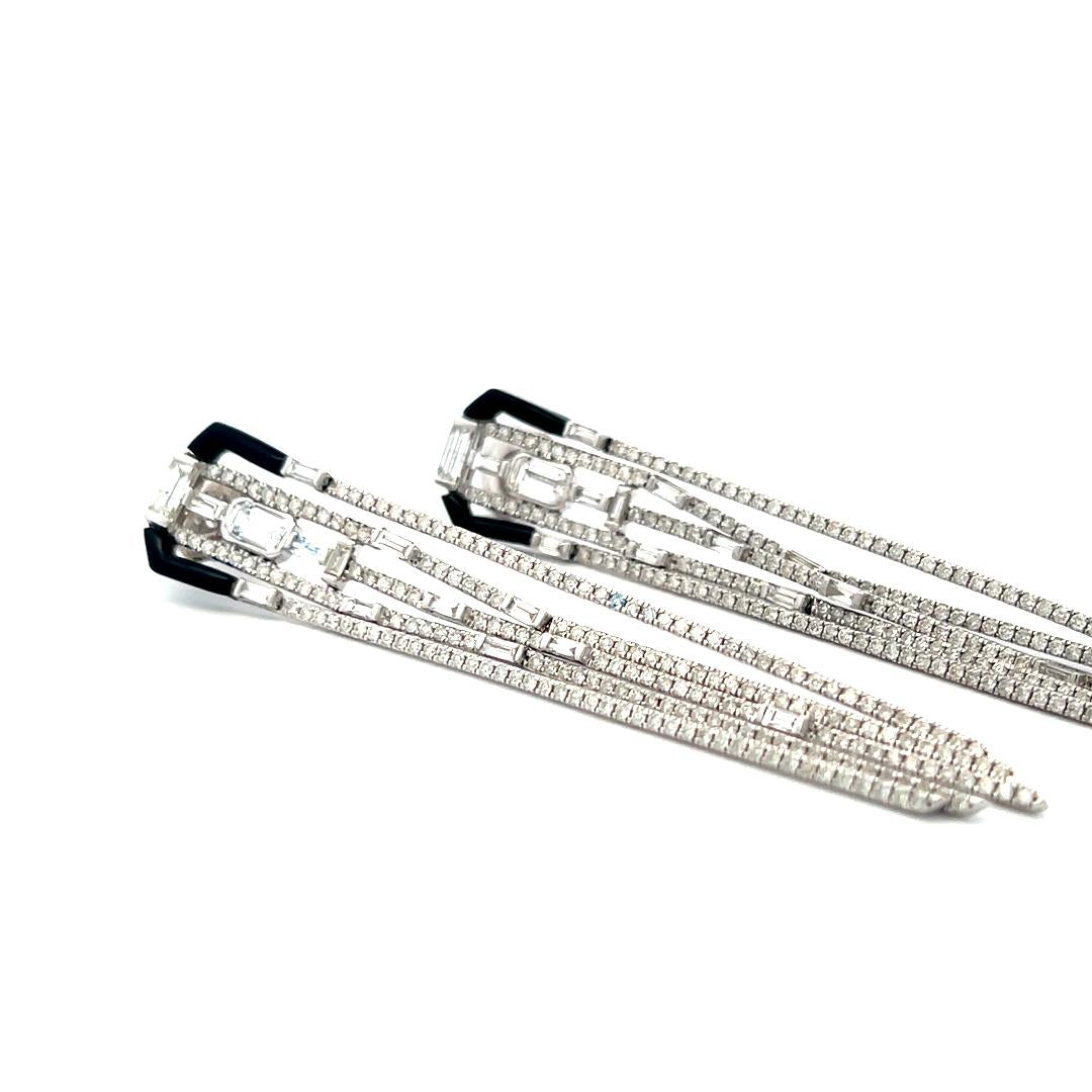 4.50 Carat Round and Baguette Diamond 18 Karat White Gold Dangling Earrings