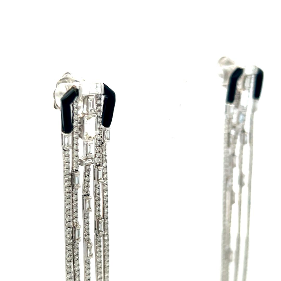 4.50 Carat Round and Baguette Diamond 18 Karat White Gold Dangling Earrings