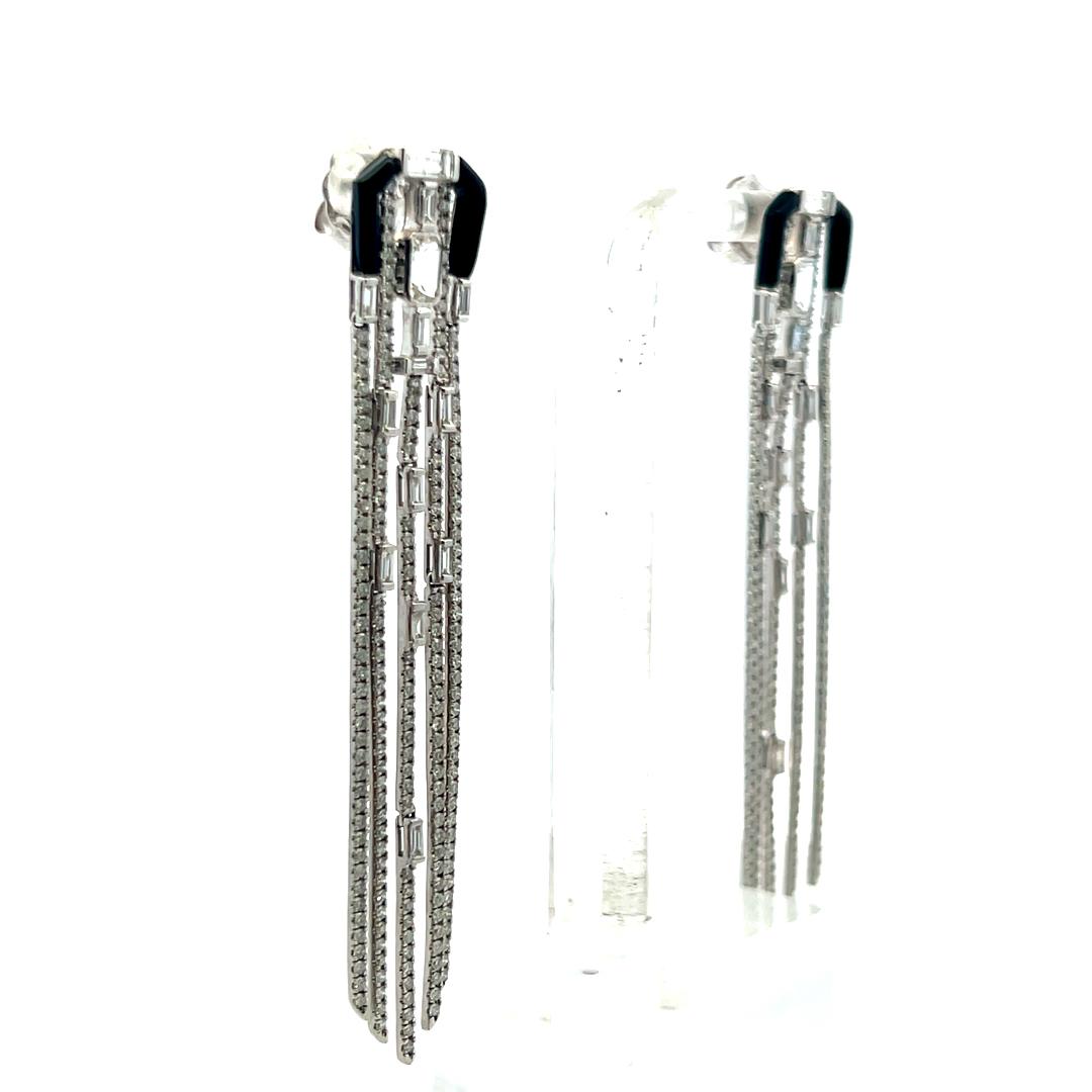4.50 Carat Round and Baguette Diamond 18 Karat White Gold Dangling Earrings