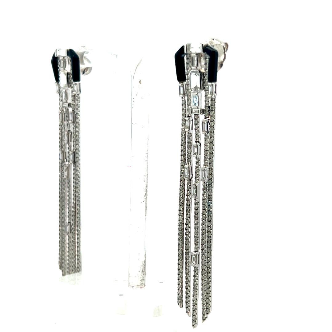 4.50 Carat Round and Baguette Diamond 18 Karat White Gold Dangling Earrings