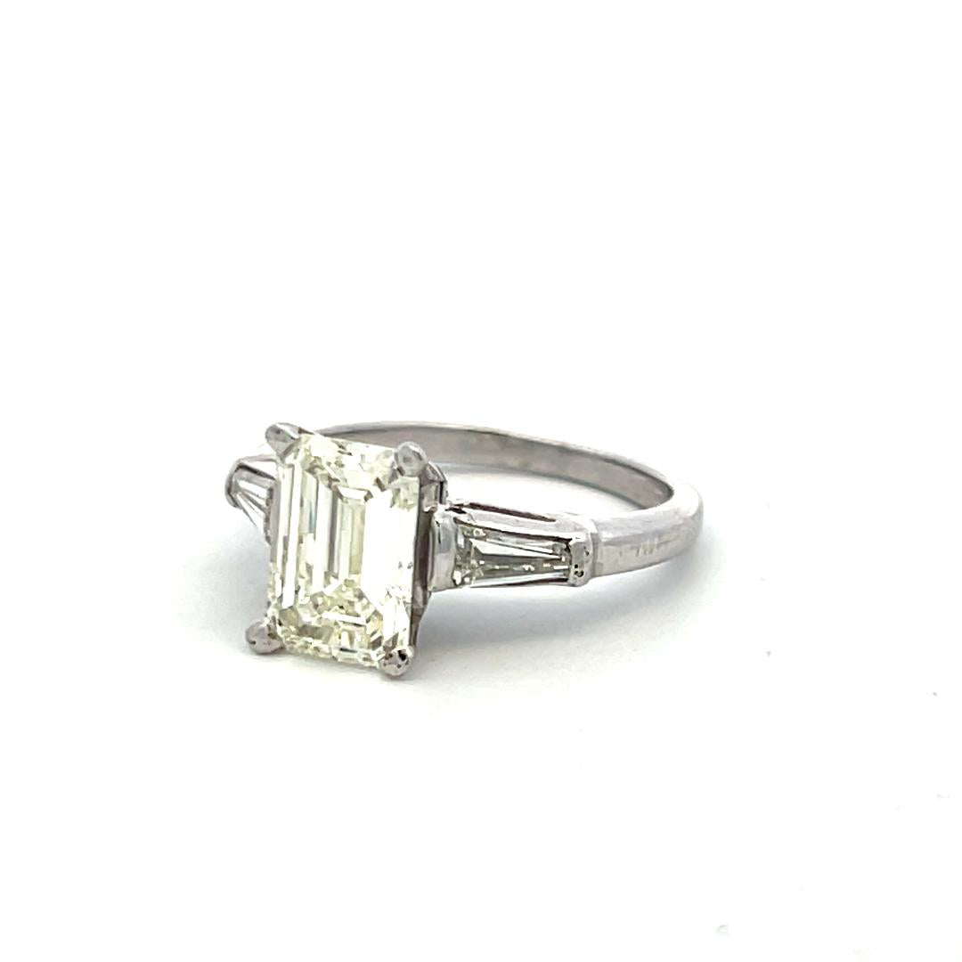 2.19 Carat Emerald Cut and Tapered Baguette Diamond Platinum Engagement Ring