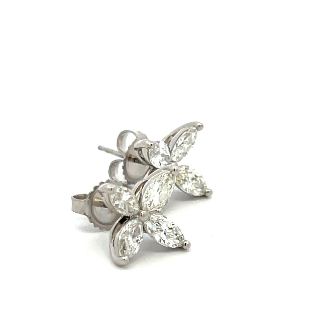 Vintage Platinum Stud Flower Earrings with 1.5 Carat Marquis H-VS Diamonds