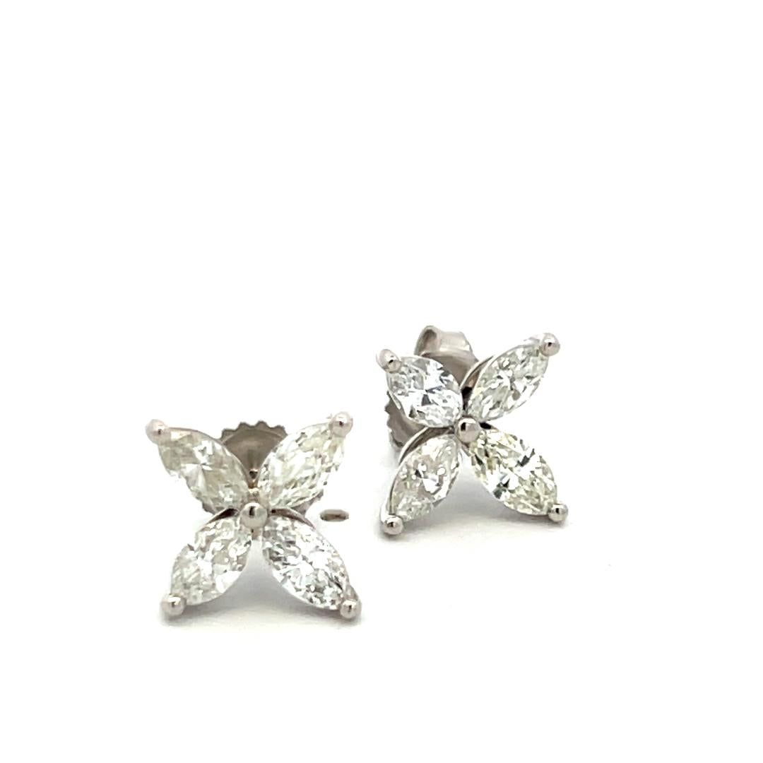 Vintage Platinum Stud Flower Earrings with 1.5 Carat Marquis H-VS Diamonds