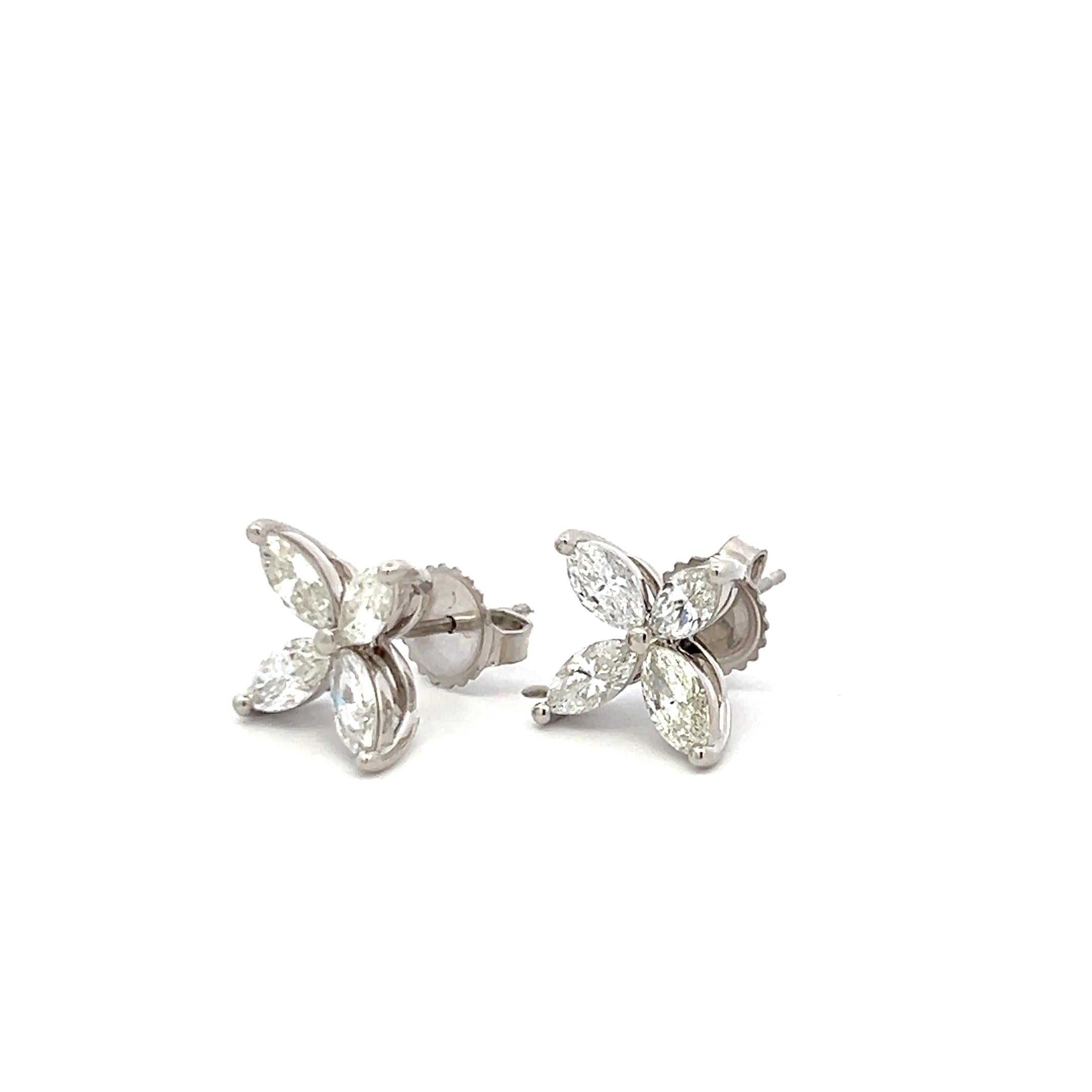 Vintage Platinum Stud Flower Earrings with 1.5 Carat Marquis H-VS Diamonds