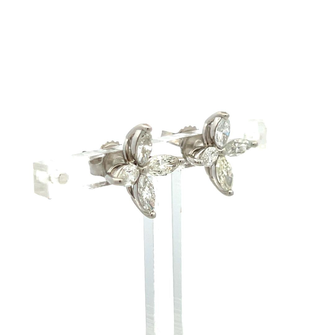 Vintage Platinum Stud Flower Earrings with 1.5 Carat Marquis H-VS Diamonds