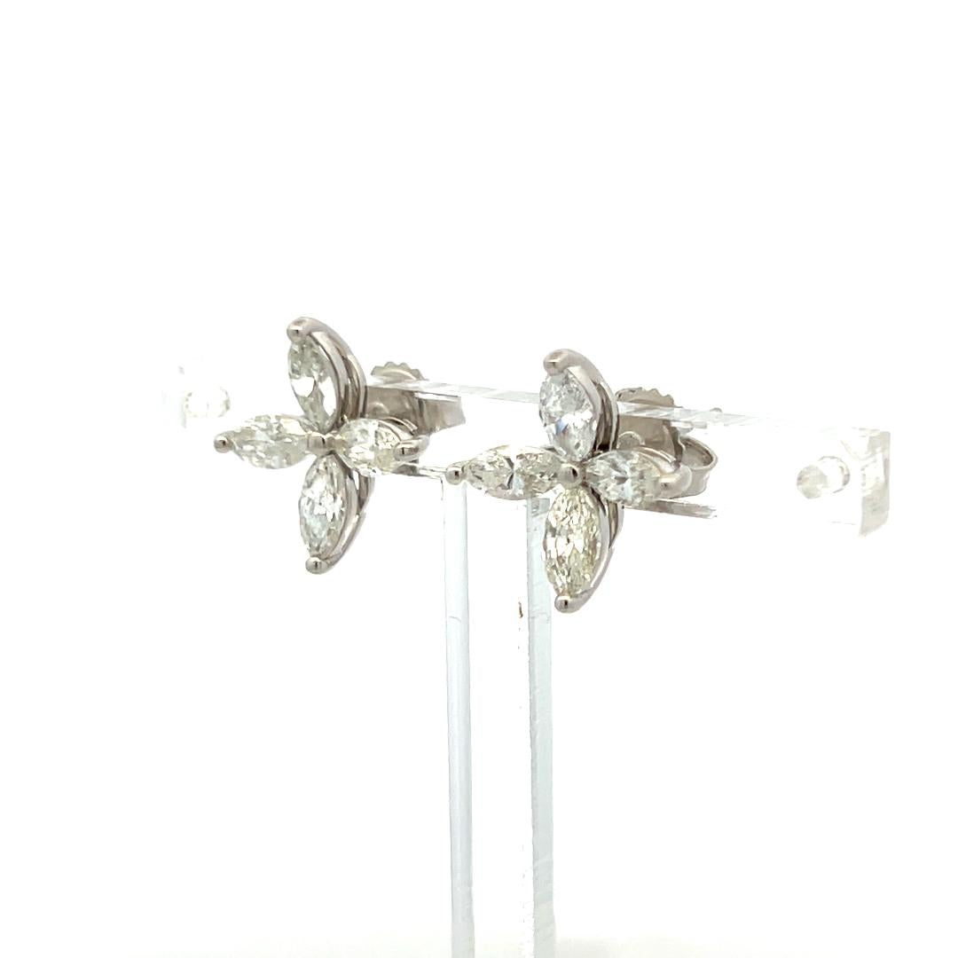 Vintage Platinum Stud Flower Earrings with 1.5 Carat Marquis H-VS Diamonds