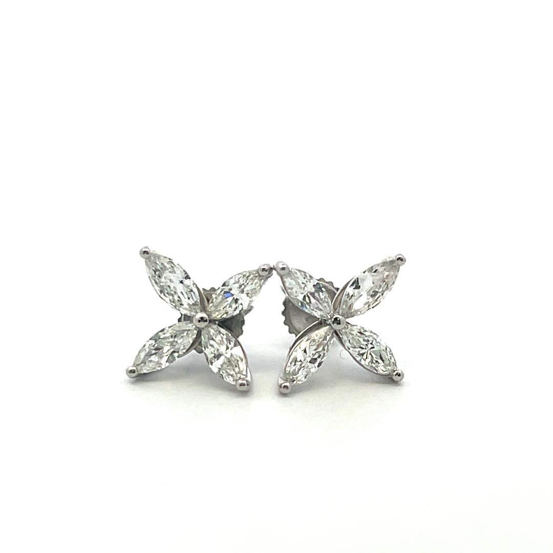 Vintage Platinum Stud Earrings with 3 Carat Marquis Shaped H-VS Diamonds