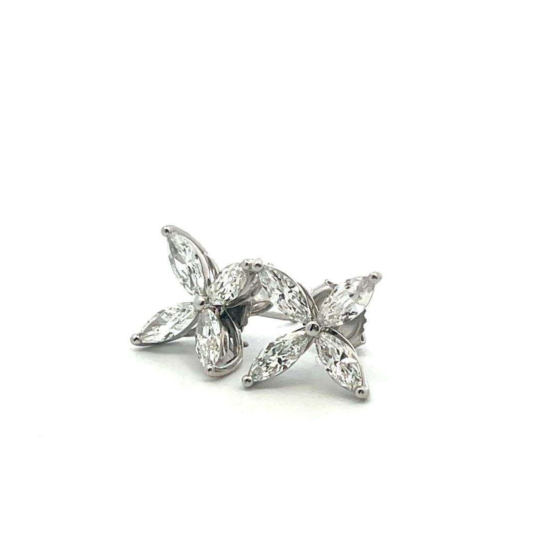Vintage Platinum Stud Earrings with 3 Carat Marquis Shaped H-VS Diamonds
