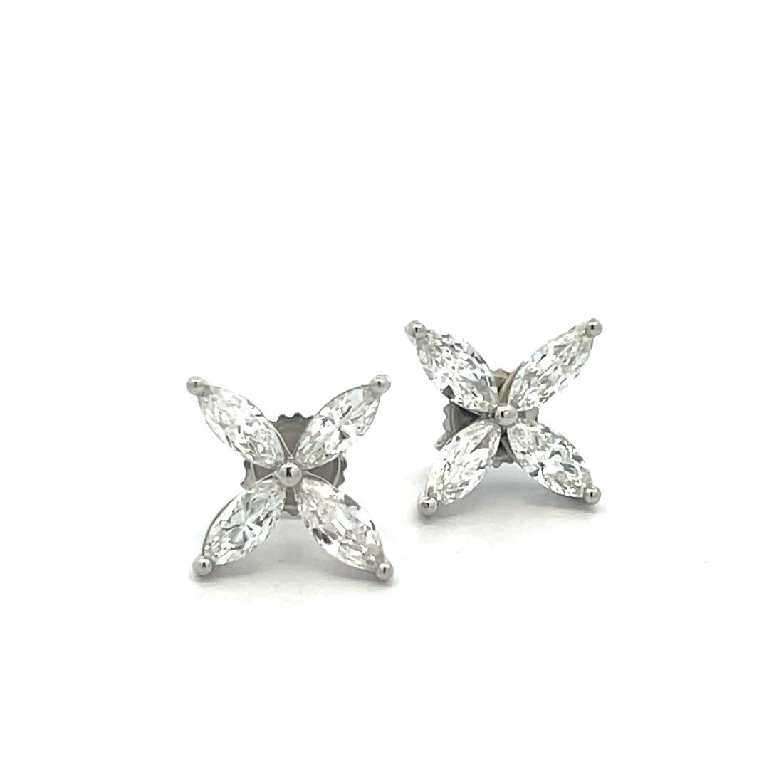 Vintage Platinum Stud Earrings with 3 Carat Marquis Shaped H-VS Diamonds
