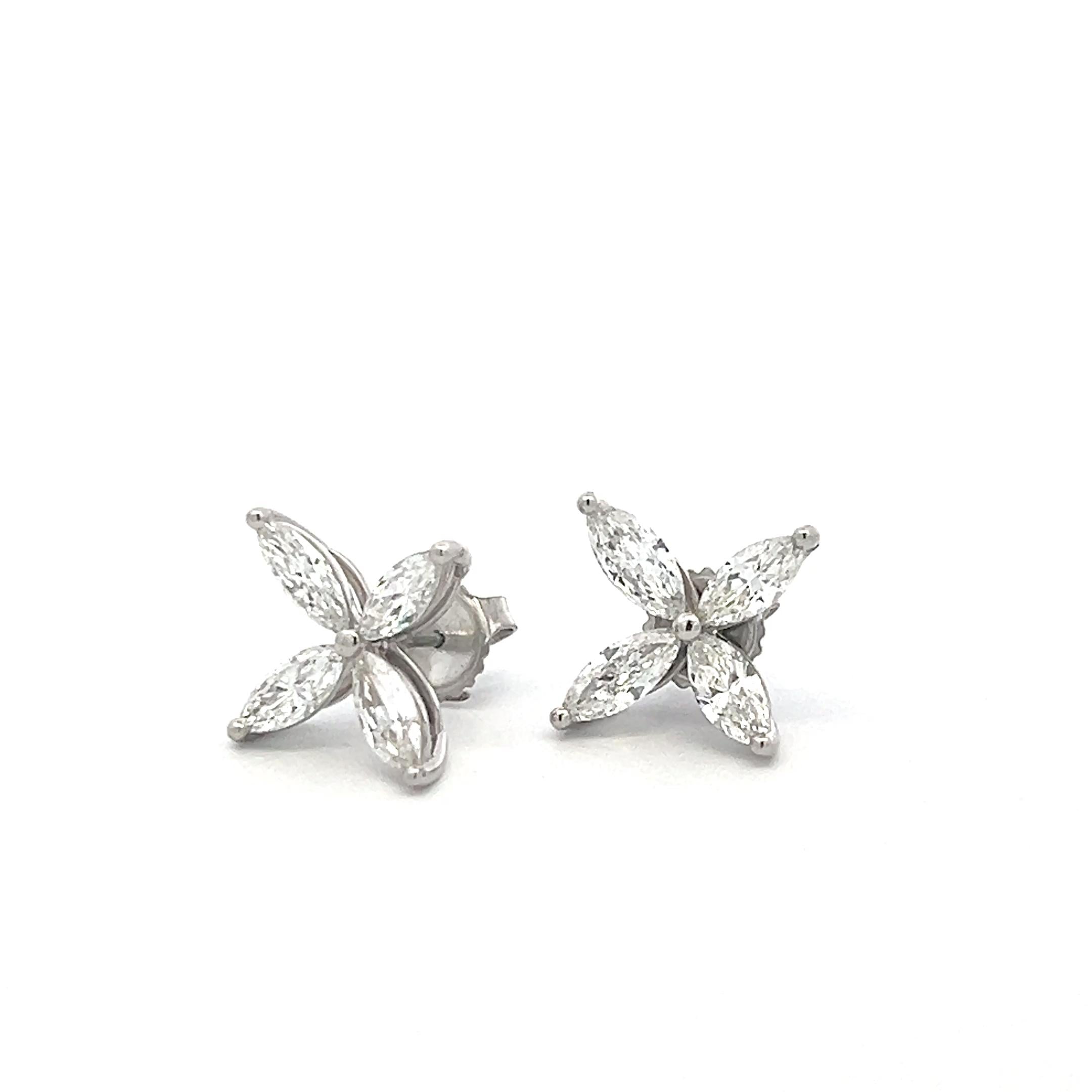 Vintage Platinum Stud Earrings with 3 Carat Marquis Shaped H-VS Diamonds