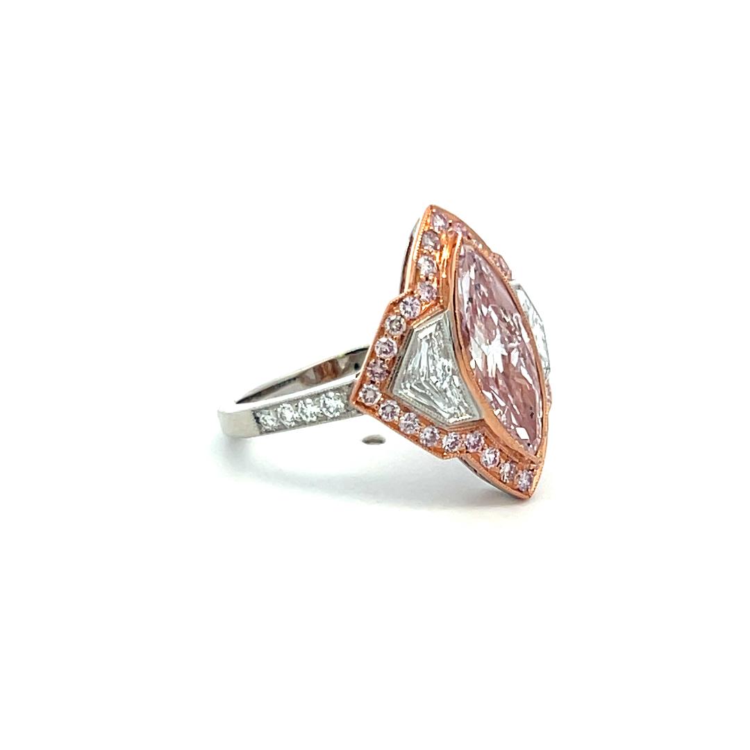 3.12 Carat Marquis Shape and Round Light Pink Diamond 18K Gold Engagement Ring