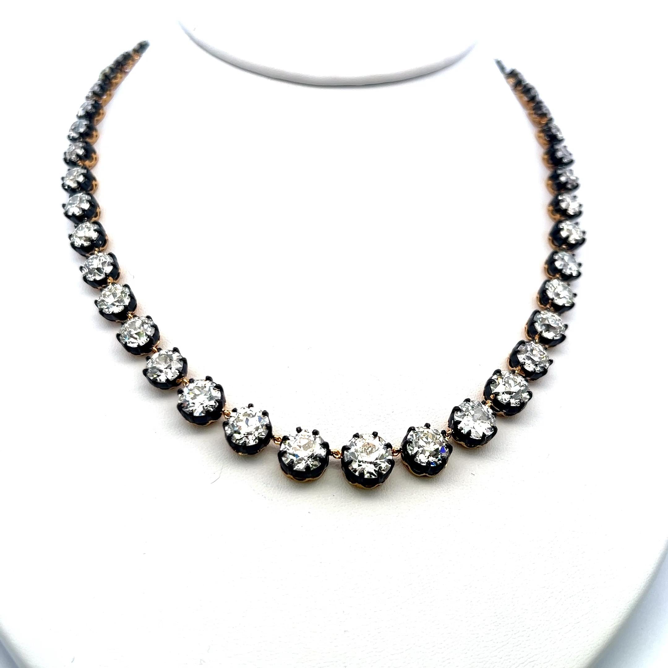 48.6 Carat Old European Cut Diamond 18K Gold-Silver Riviera Necklace